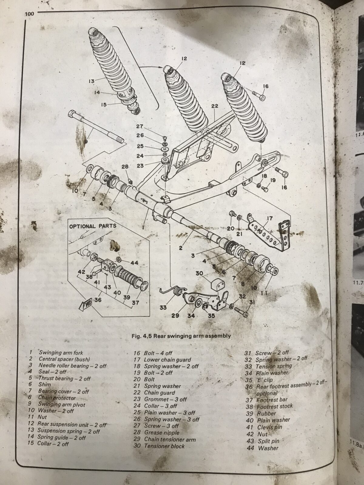 XT500 swing arm parts diagram from Haynes manual